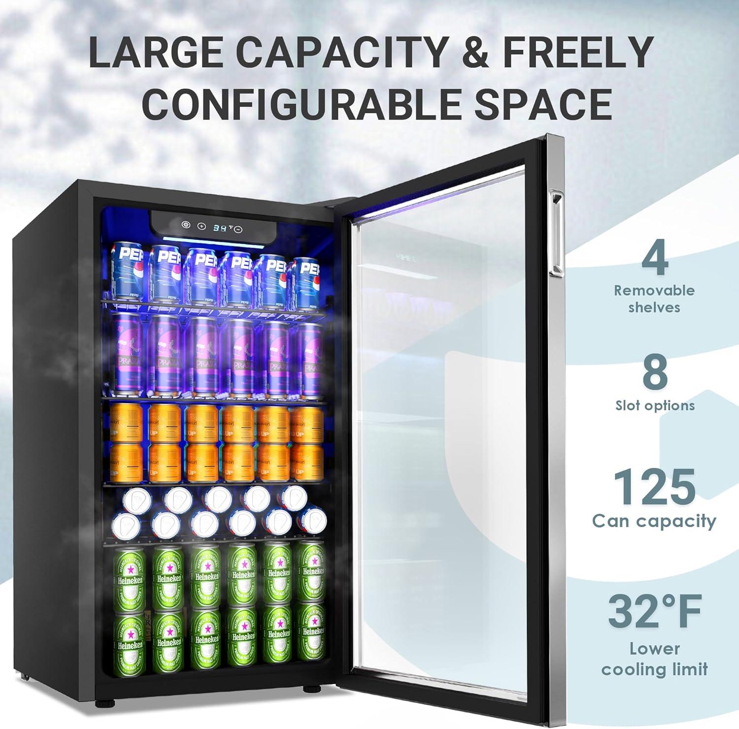 ZenZone Beverage Refrigerator and Cooler, 126 Can Mini fridge with Glass Door, Small Refrigerator with Adjustable Shelves for Soda Beer or Wine, Perfect for Home/Bar/Office, Silver