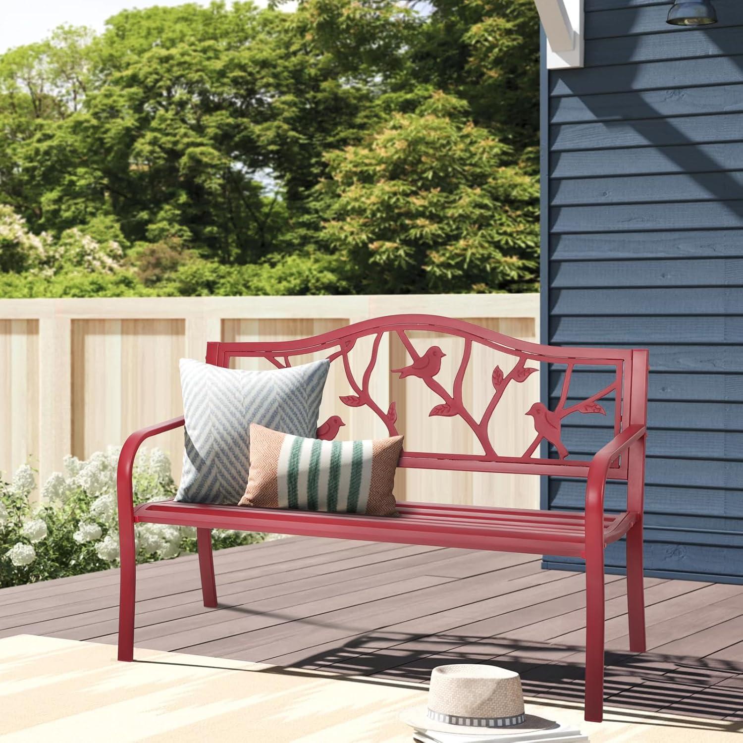 Sophia & William Outdoor Patio Metal Bench Pinkish Red