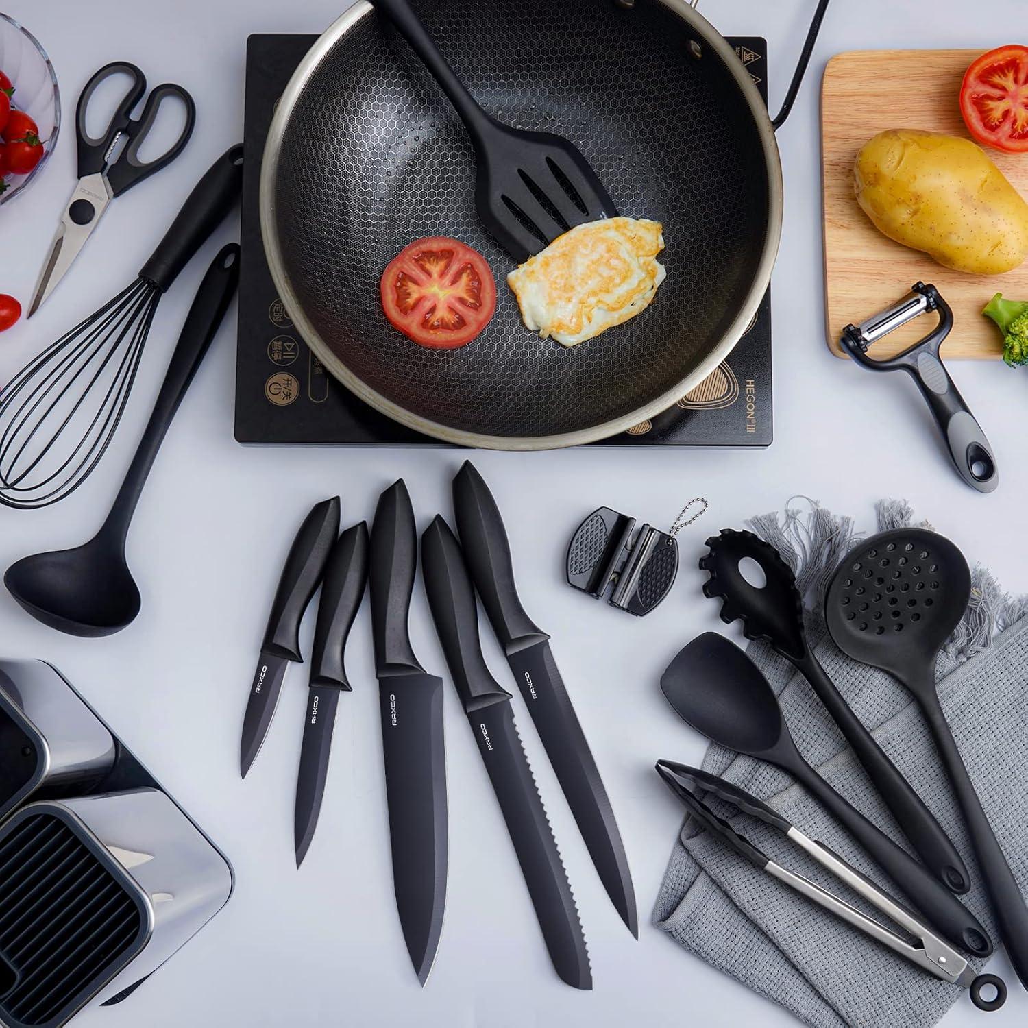 Kitchen Utensils Set For Cooking-7 Cooking Utensils,6 Knife Set Black,5 Utensil Sets,Utensilios De Cocina(18-In-1)