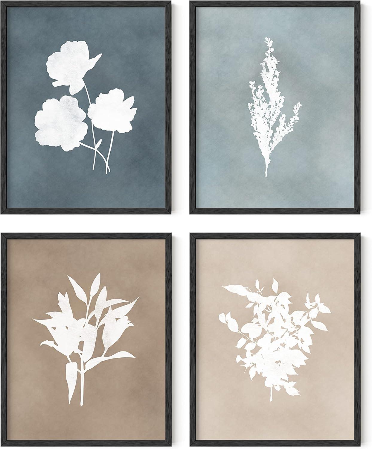 Vintage Botanical Silhouette Floral Prints Set in Blue and Brown