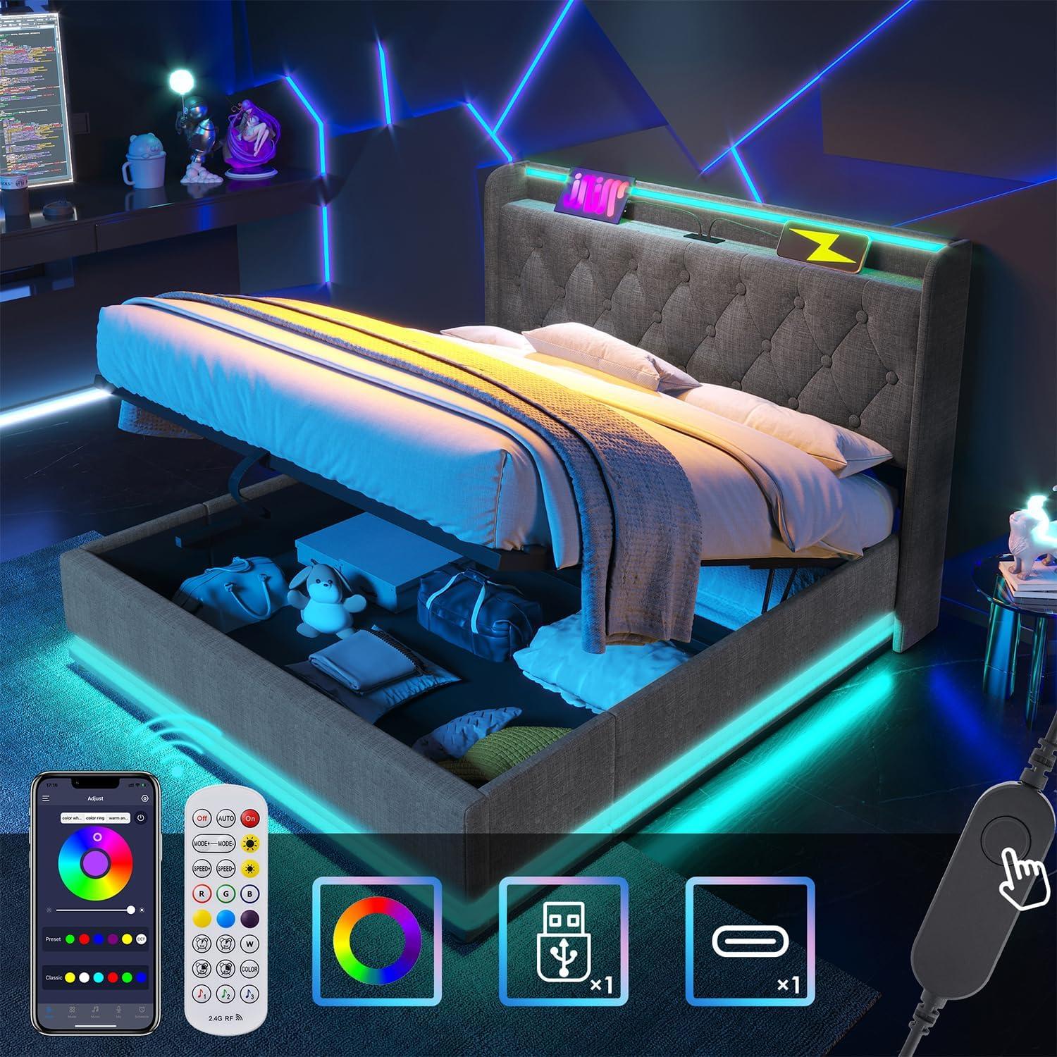 King Size Lift up Storage Platform Bed with 360 Degree Surround LED Light, Bedroom Upholstered Hydraulic Smart Bed Frame, No Noise, No Spring Mattress Required, Easy to Assemble (Gray, King)