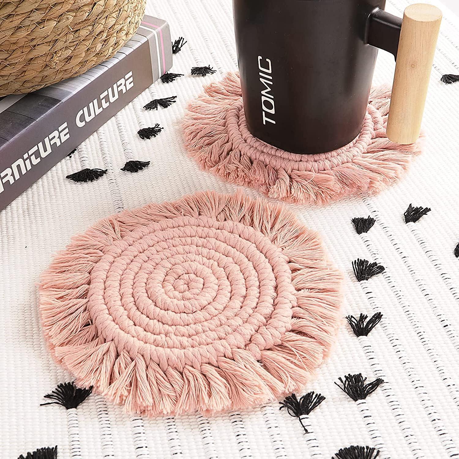 2 Pcs Macrame Boho Coasters for Drinks Absorbent Coasters with Tassel Farmhouse Handmade 7" Round Cotton Coasters for Desk Table Kitchen Office Home Bar Tabletop Protection Housewarming Gift, Pink