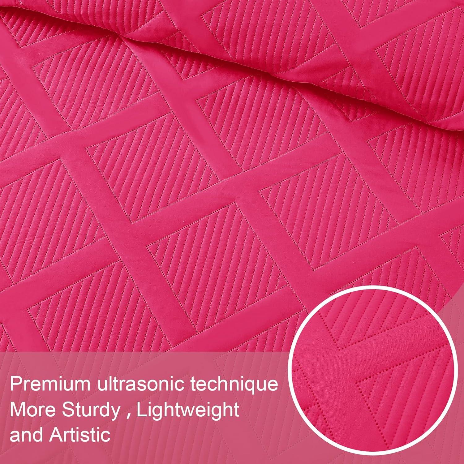 Exclusivo Mezcla Ultrasonic Twin Quilt Set, 2-Piece Lightweight Bedspreads Modern Striped Coverlet, Hot Pink