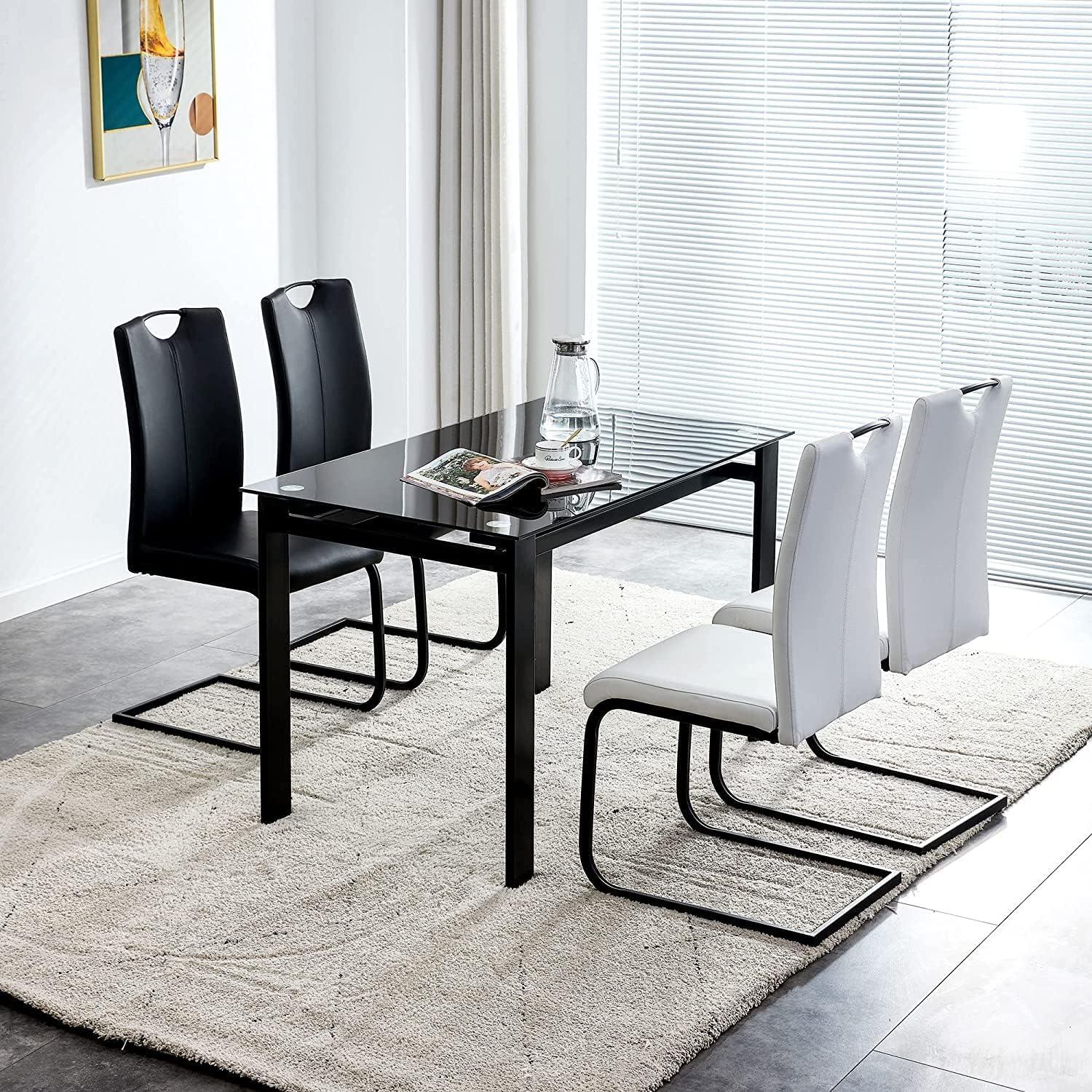 Modern Tempered Glass Black Dining Table - Rectangular Metal Legs for Living Room and Kitchen