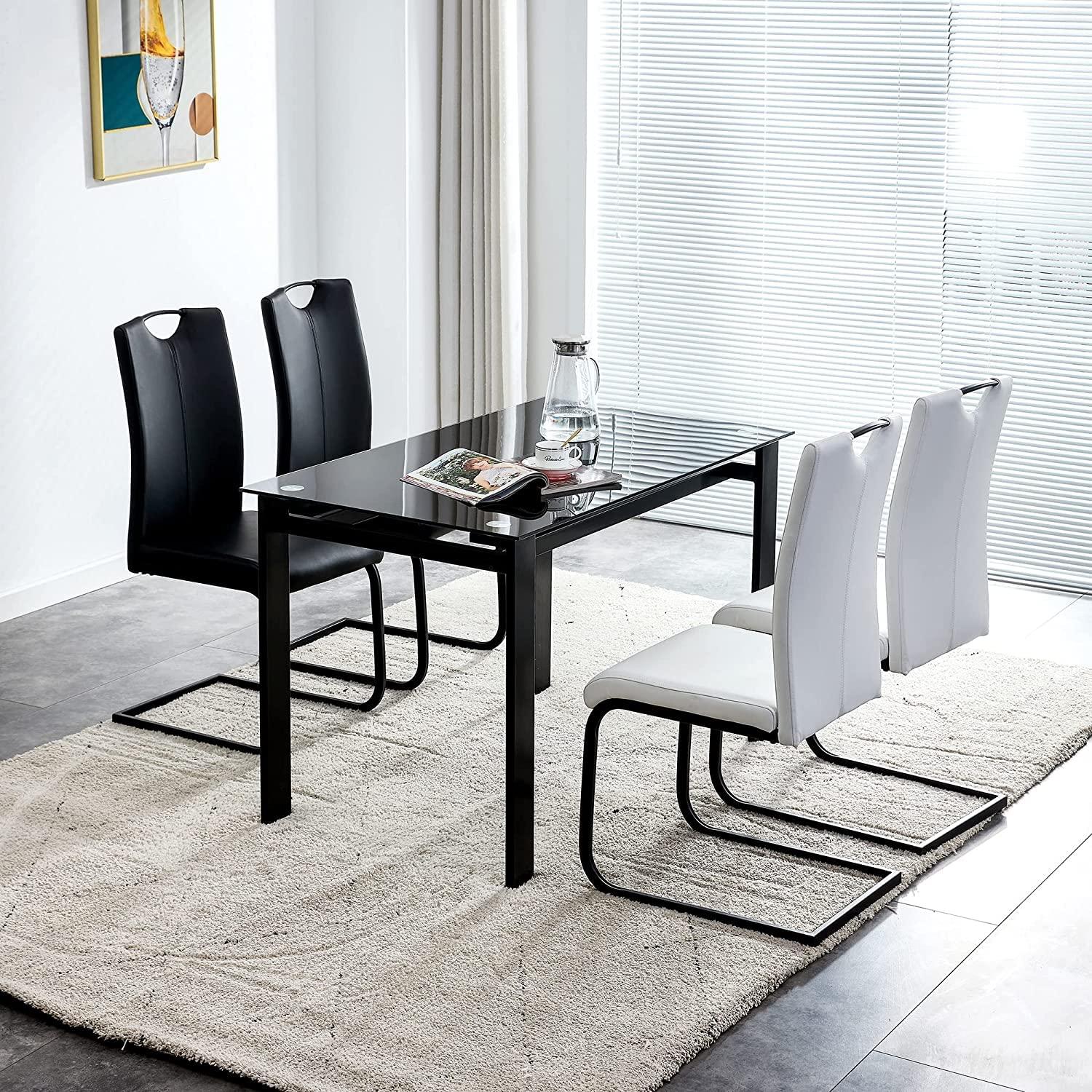 Modern Tempered Glass Black Dining Table - Rectangular Metal Legs for Living Room and Kitchen