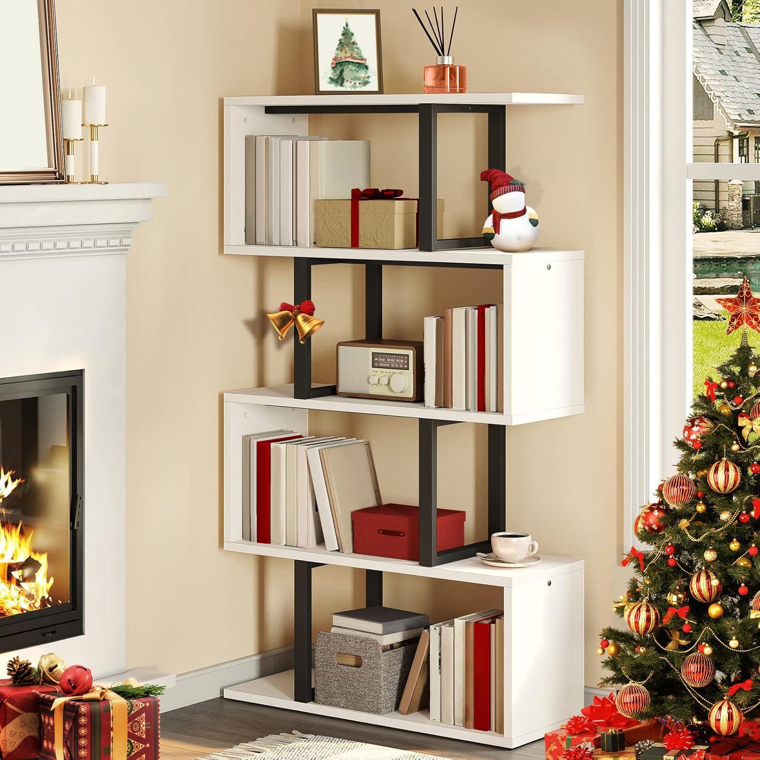 Satiny 5-Tier Bookshelf, S-Shaped Z-Shelf Bookshelves and Bookcase, Modern Freestanding Multifunctional Decorative Storage Shelving for Living Room Home Office, Cream White