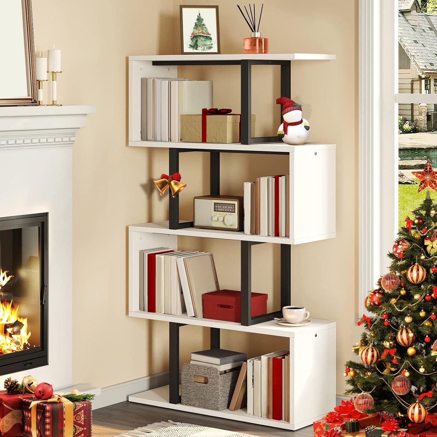 Satiny 5-Tier Bookshelf, S-Shaped Z-Shelf Bookshelves and Bookcase, Modern Freestanding Multifunctional Decorative Storage Shelving for Living Room Home Office, Cream White