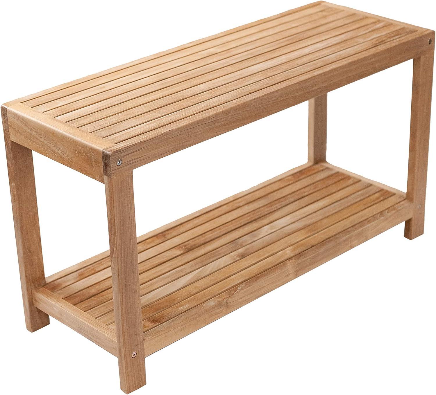 Nordic Teak 35" Natural Shower and Bath Spa Bench with Shelf  - Beige