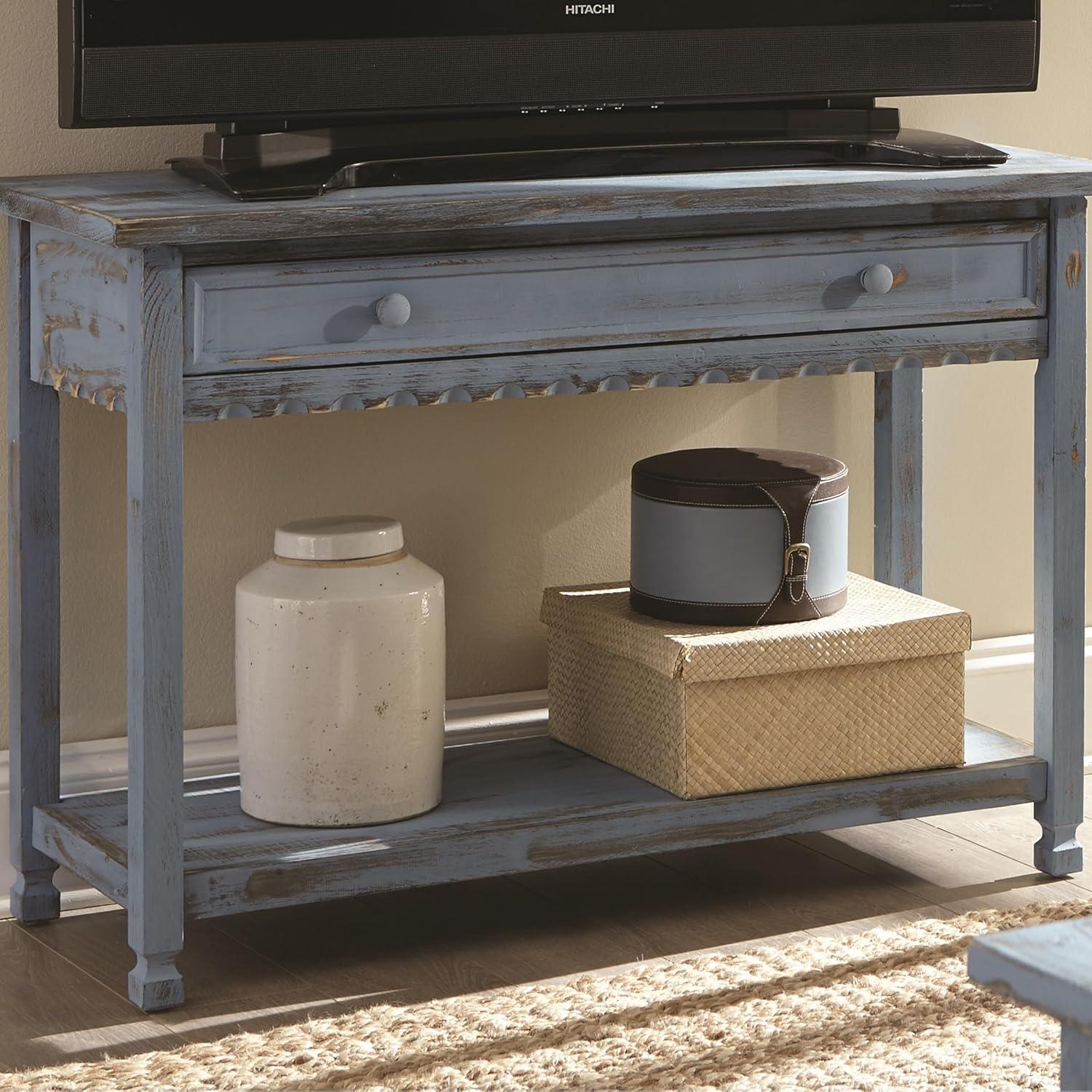 Alaterre Furniture Country Cottage Media/Console Table, Solid Pine Wood Perfect for Living Room, Entryway, Hallway, Blue Antique Finish