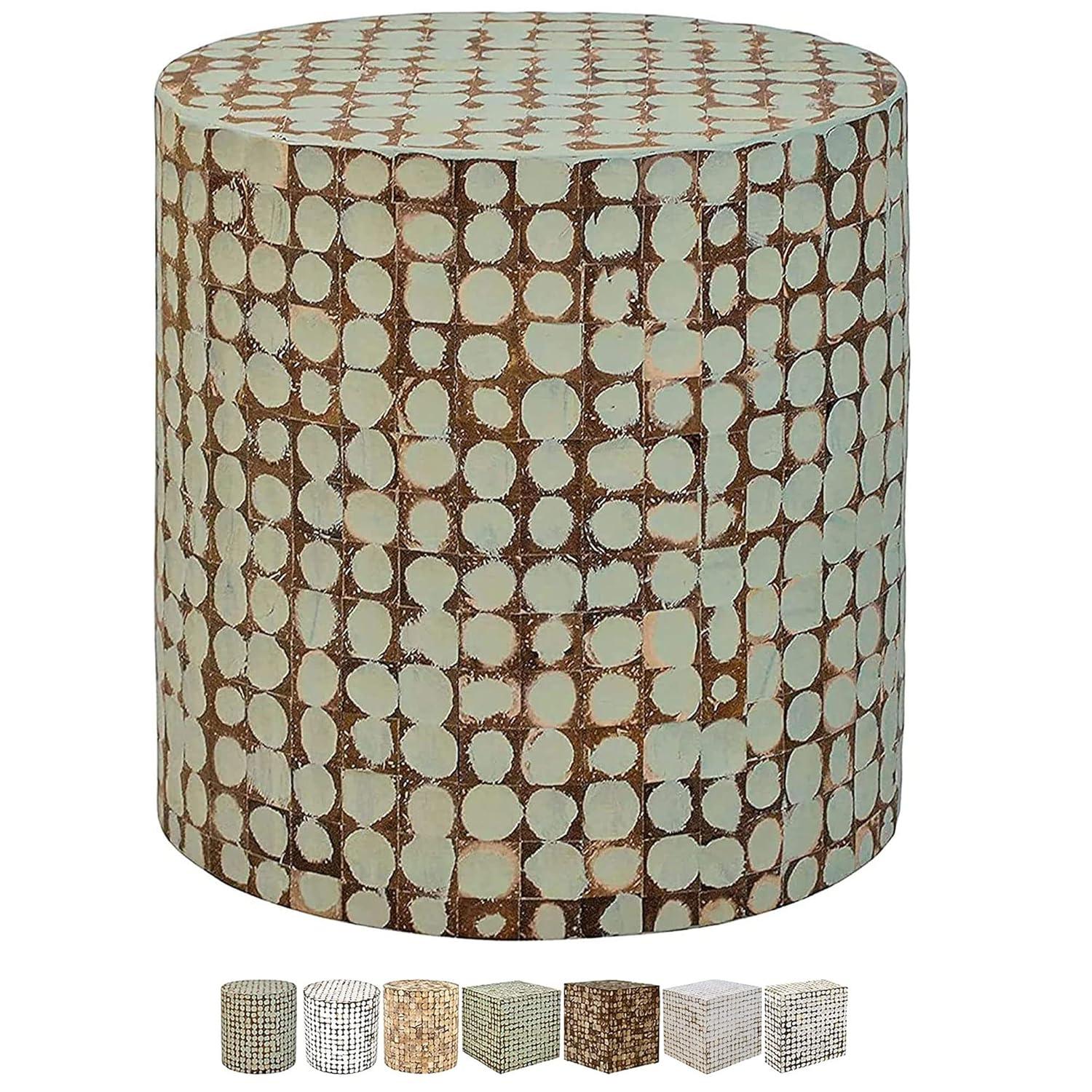 Sage Green Round Coconut Shell Mosaic Wood Side Table