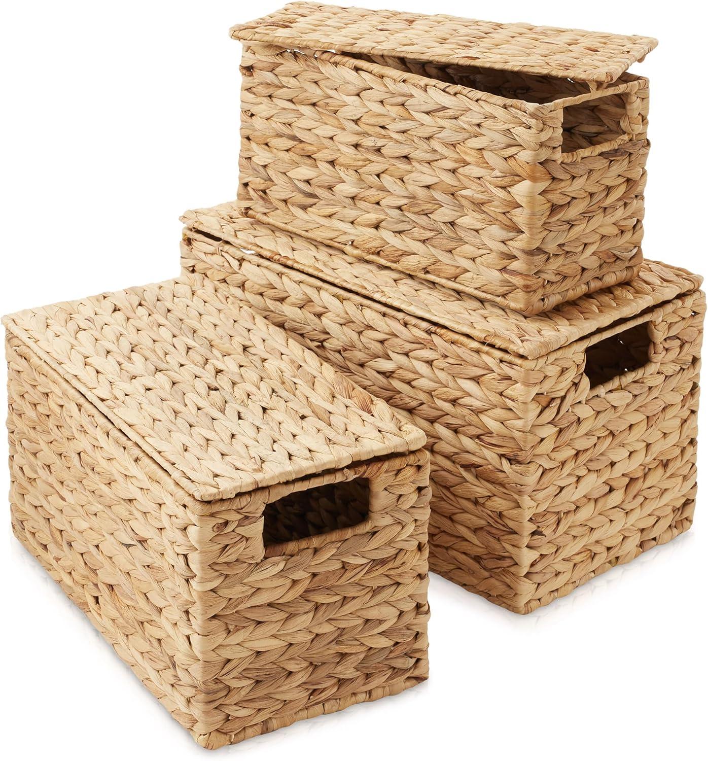 Casafield Set of 3 Water Hyacinth Storage Baskets with Lids - Small, Medium, Large - Decorative Bins for Bathroom, Closets, Laundry, Shelves