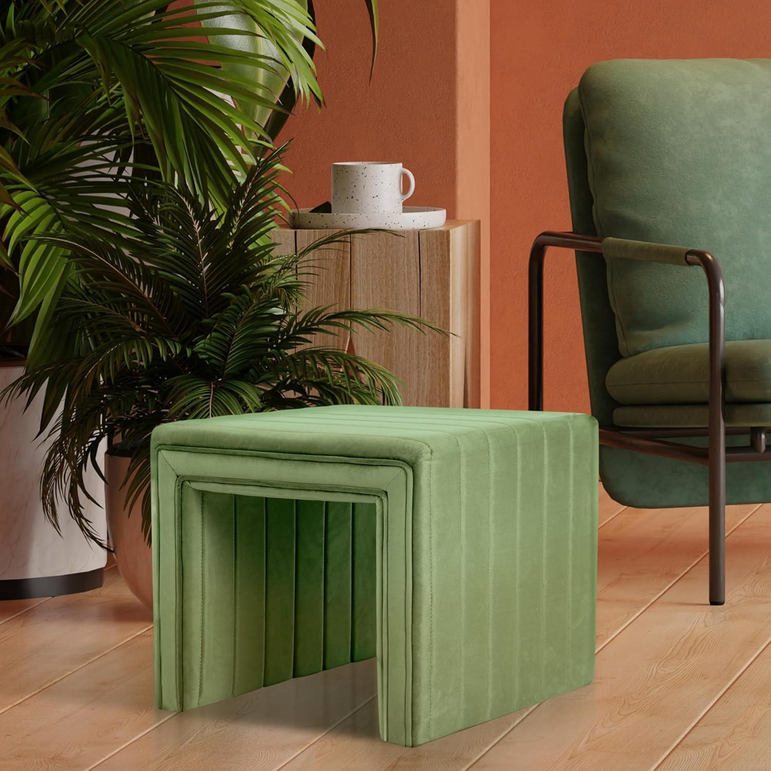 HomePop Modern Channel Ottoman Green Velvet: Luxury Glam Style, Plywood & MDF, No Assembly Required