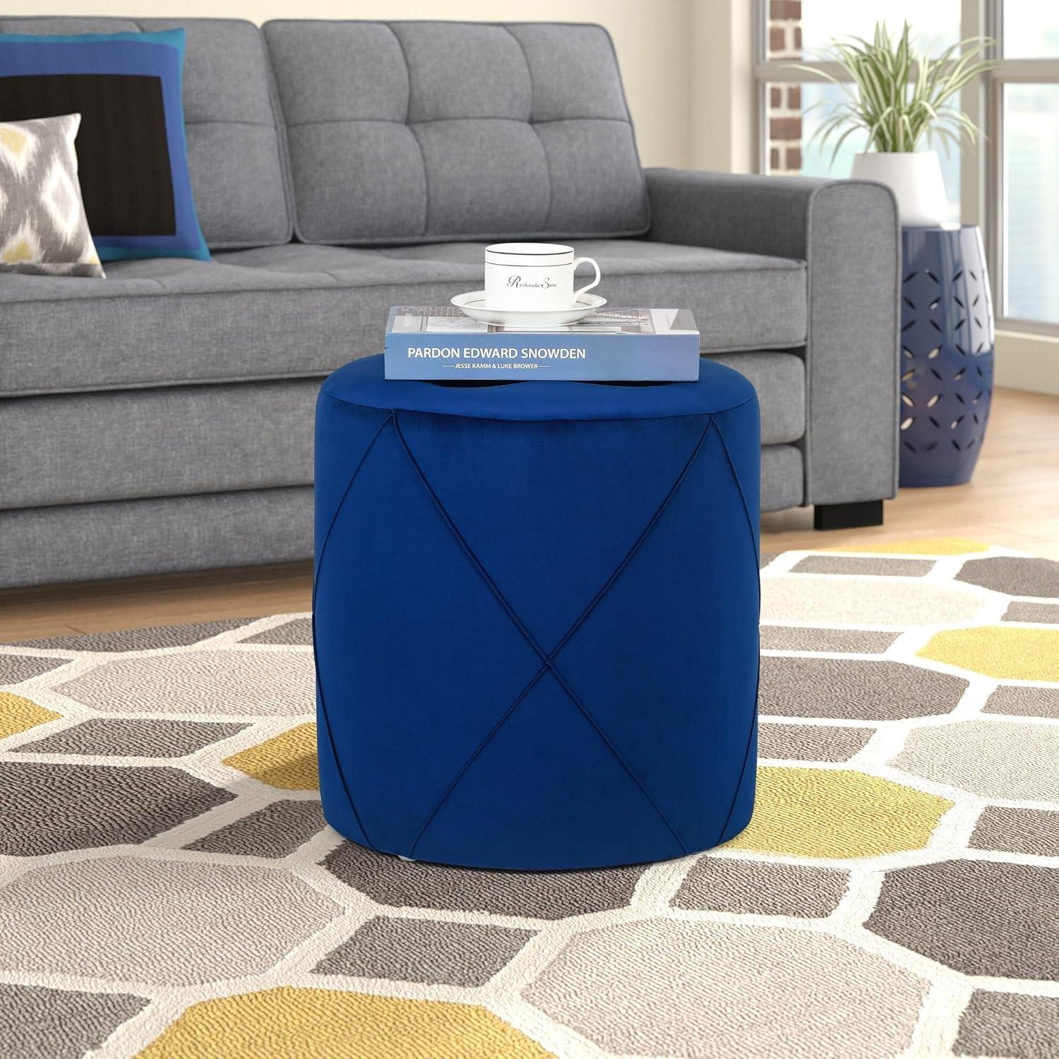 Dark Blue Velvet Round Tufted Pouf Ottoman