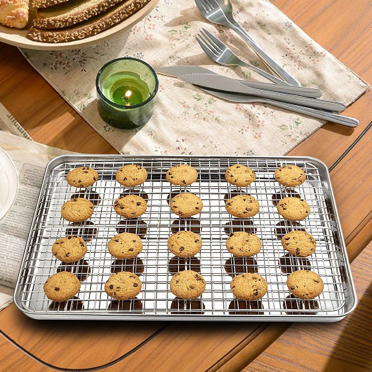 Baking Sheet with Wire Rack, Stainless Steel Cookie Sheet Pan Set, Non Stick Baking Pans with Cooling Rack for Oven Cooking, 15.9 x 12 x 1 inch 4 Pcs