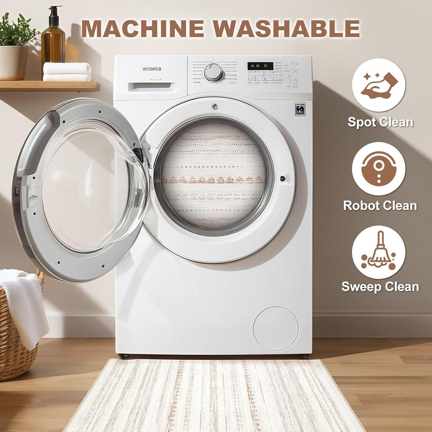 Nakagishi 2X3 Rug Washable Area Rug: Small Soft Boho Farmhouse Neutral Moroccan Non Slip Indoor Low Pile Accent Floor Throw Carpet for Bedroom Bathroom Entryway Kitchen Hallway Closet Home- Brown