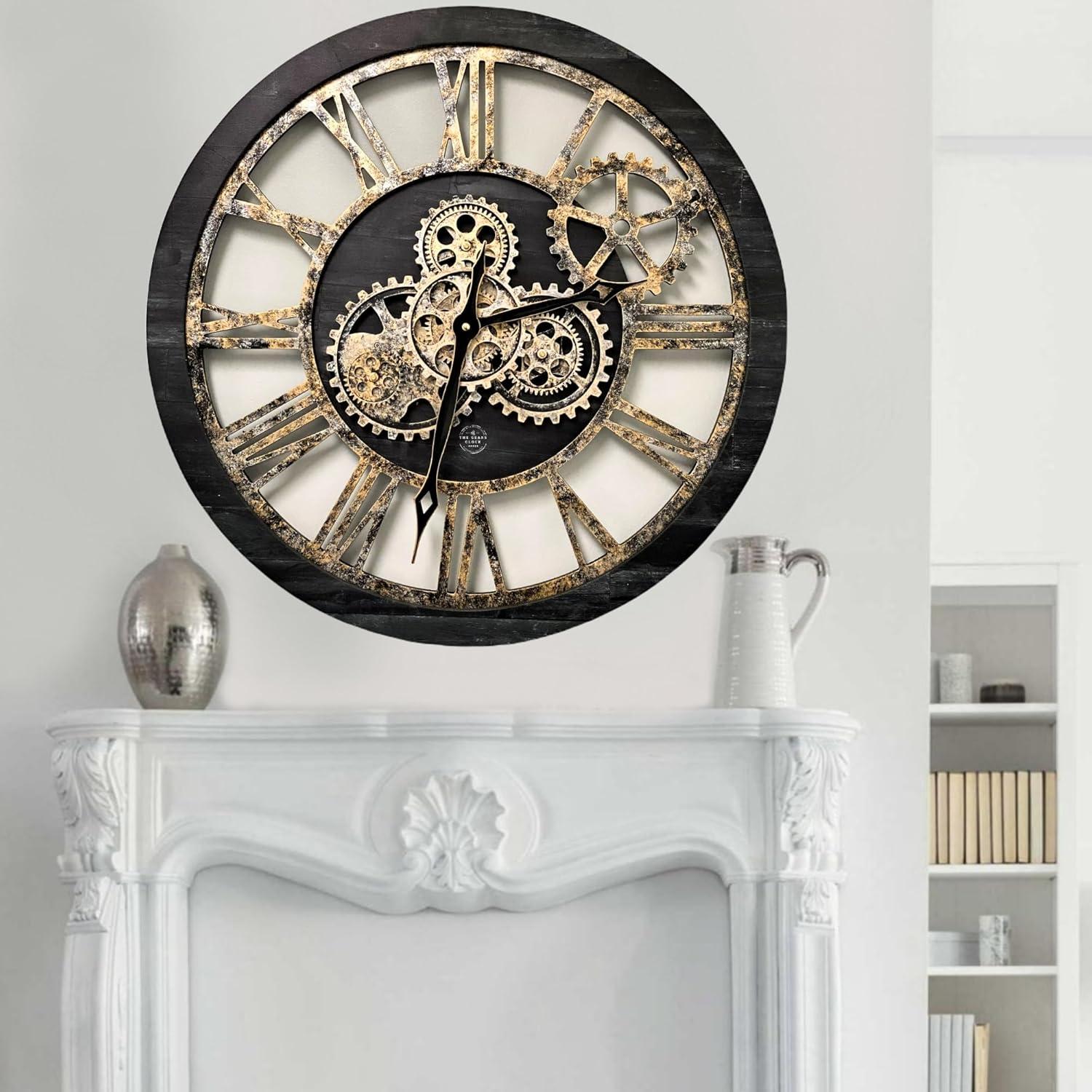 THE GEARS CLOCK Wall Clock with Real Moving Gears AM-LI_ 24 in Round Vintage-Black