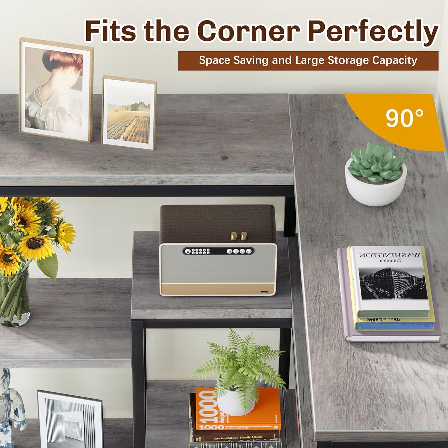 L-Shaped Corner Bookshelf, 5-Tier Industrial Bookcase with Heavy-Duty Metal Frame, Tall Storage Display Shelf for Bedroom, Living Room, and Home Office