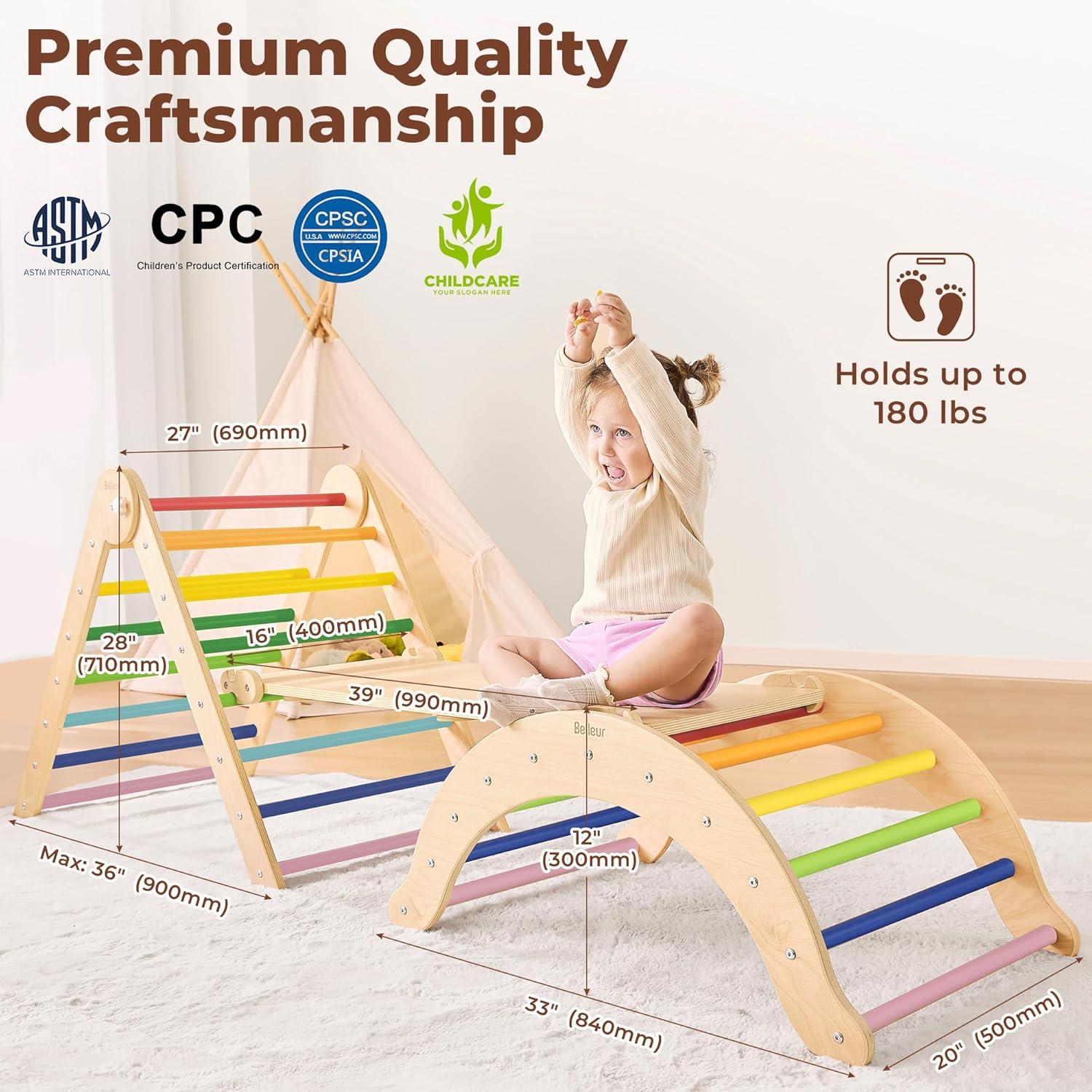 Colorful Foldable 7-in-1 Wood Pikler Triangle Set with Slide