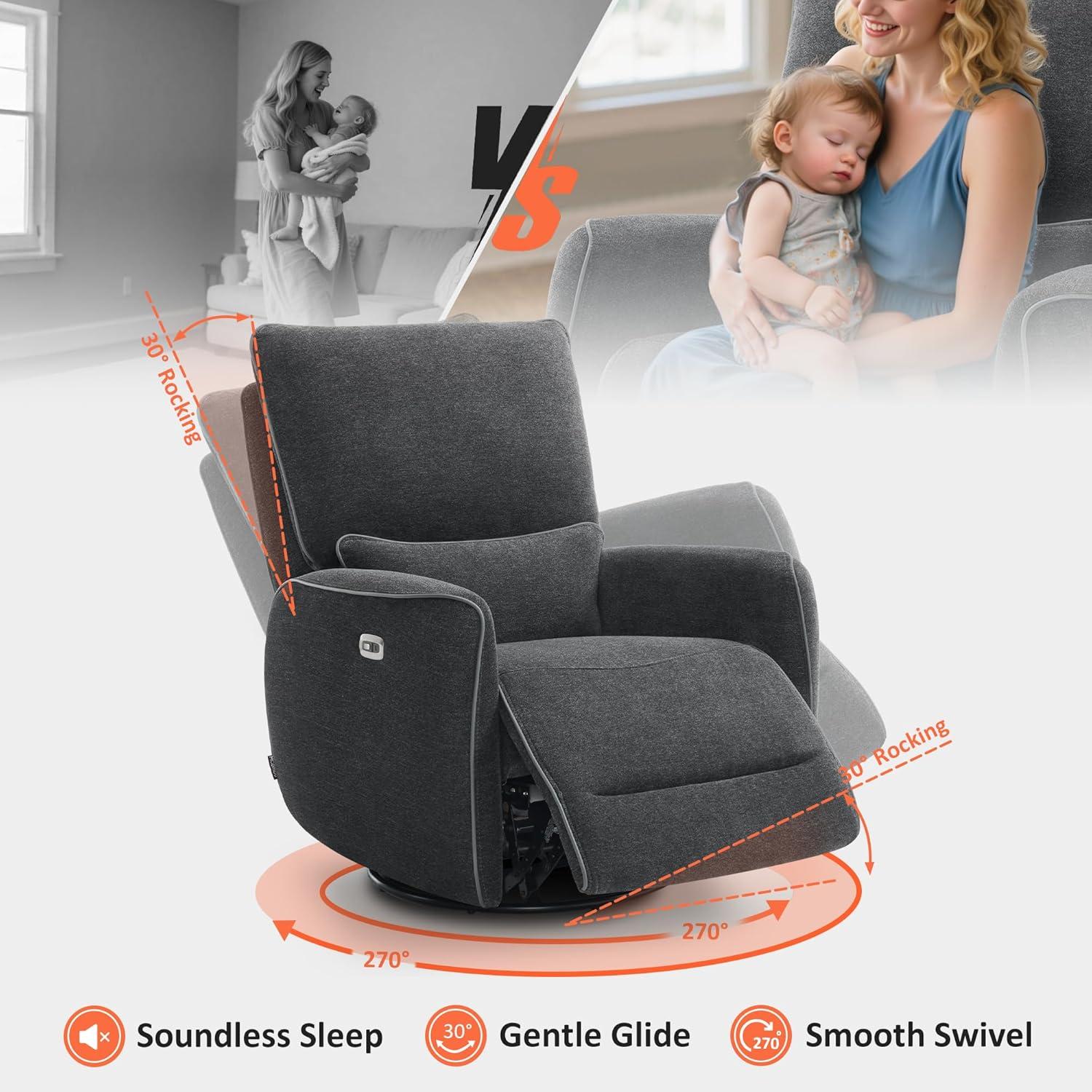 Swivel Glider Power Recliner Chair, Electric Rocker Recliner Chairs with USB Ports For Nursery, Fabric