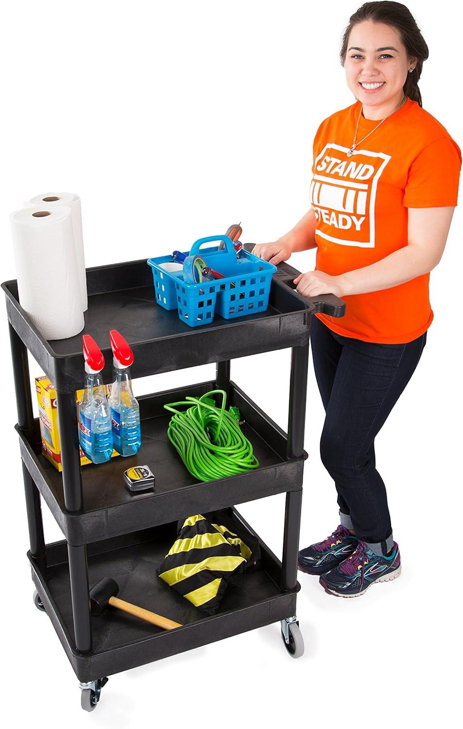 Black Plastic 3-Shelf Utility Cart with Swivel Wheels