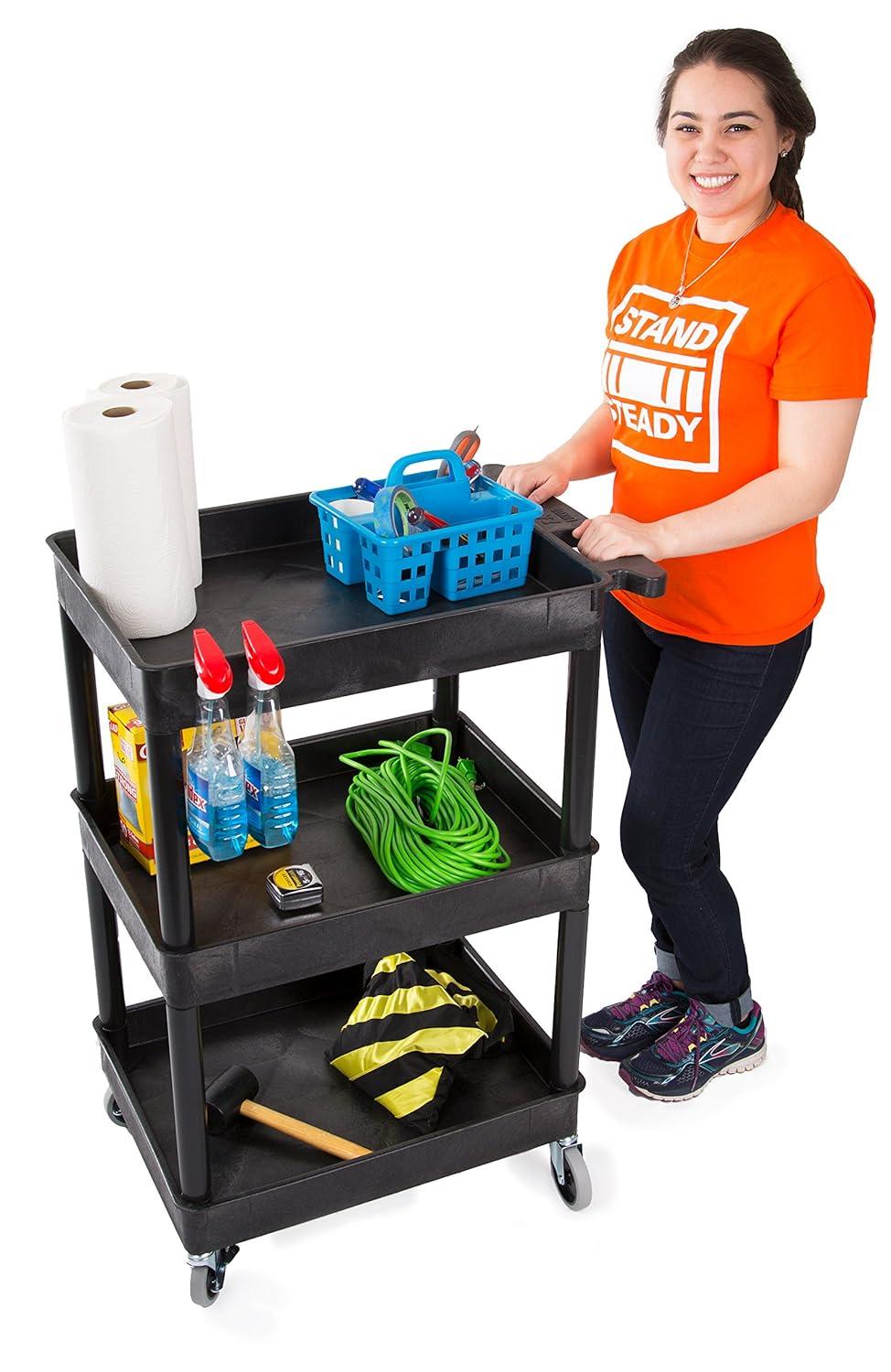 Tubstr Compact 3 Shelf Utility Cart | Heavy Duty Service Cart Supports up to 300 lbs! | Tub Cart with Deep Shelves | Great for Warehouse, Garage, Cleaning & More (3 Shelf/Black / 24 x 18)