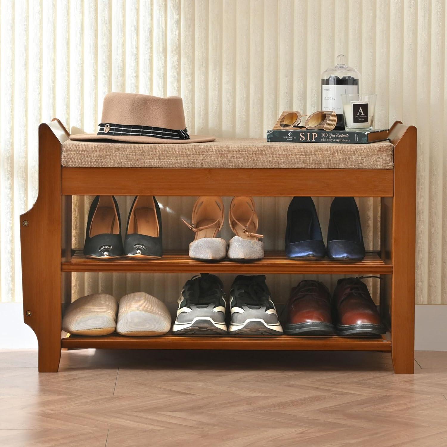 Bamboo 2-Tier Shoe Storage Bench with Hidden Drawer