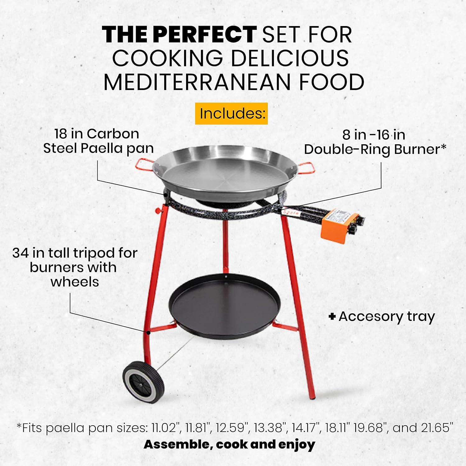 Machika Paella Pan Set with Burner Carbon Steel Outdoor Pan and Legs Manufactured by Garcima (Andreu I 12 Servings)