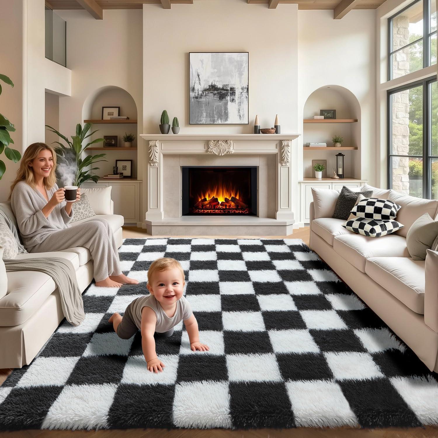 Luxe Weavers Checkered Black and White Geometric 8x10 Indoor Area Rug