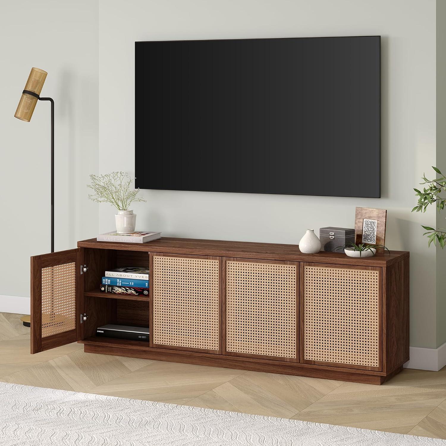 Satin Walnut Rectangular TV Stand with Faux Rattan Cabinets