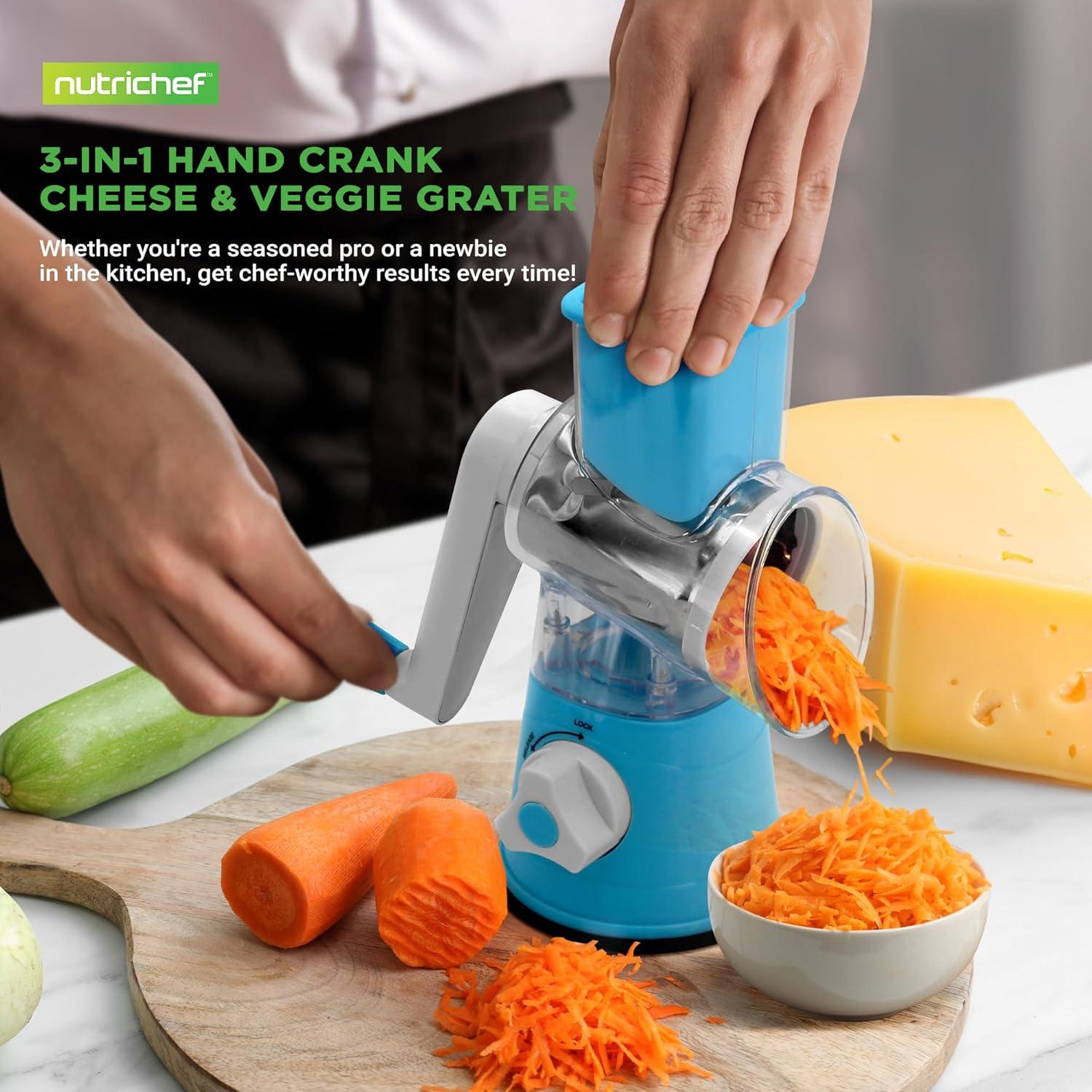 Nutrichef Rotary Cheese Grater with Handle and 3 Replaceable Drum Blades