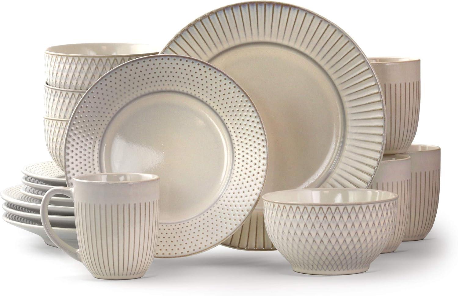 White Embossed Ceramic 16-Piece Round Dinnerware Set