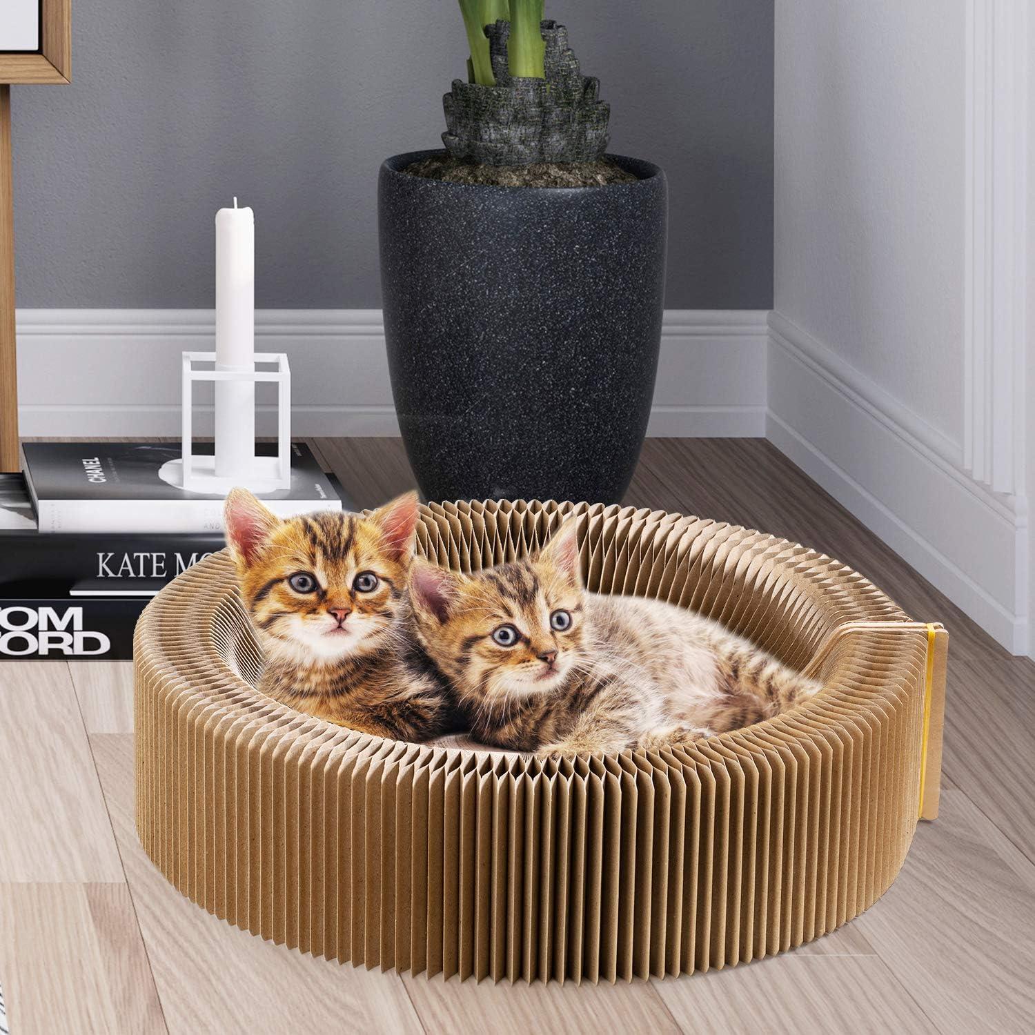 Collapsible Cat Scratcher Lounge Bed, Cardboard Cat Bed, Corrugated Pet Scratcher Pad, Round Shape Cat Scratching Bed Nest for Indoor Big Large Kitty Kitten Cats