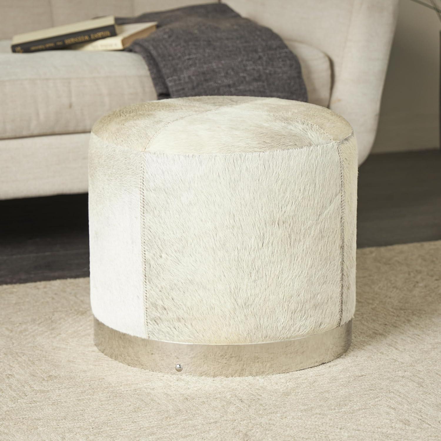 Wilson Smoke Gray and Brown Leather Hide Round Ottoman