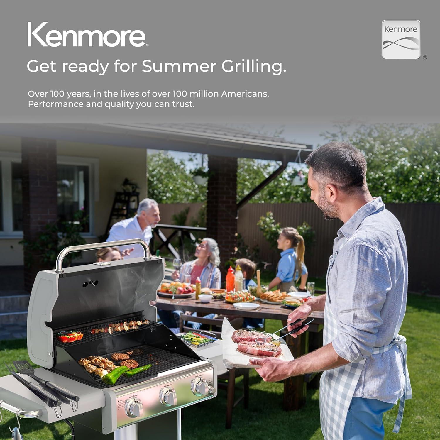 Kenmore 3-Burner Propane Gas Grill with Foldable Side Tables for Outdoor BBQ