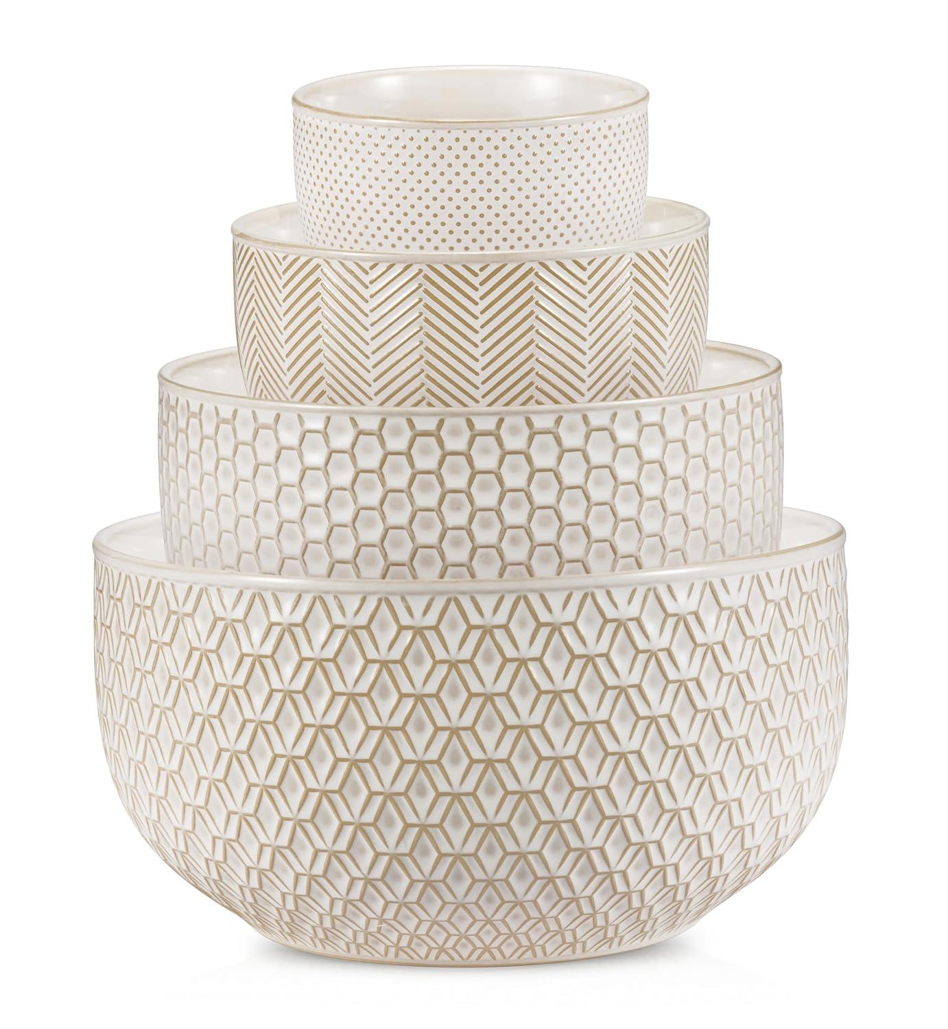 Kook Ceramic Nesting Bowls, 20/44/98/145 oz, Cream/Copper, Set of 4