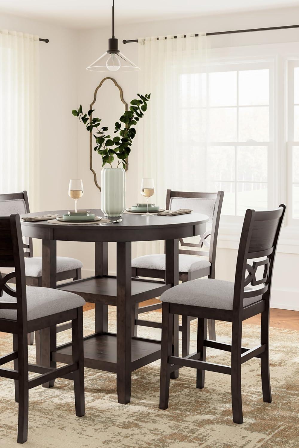 Cherry Brown Transitional Round Counter Height Dining Table with 4 Barstools