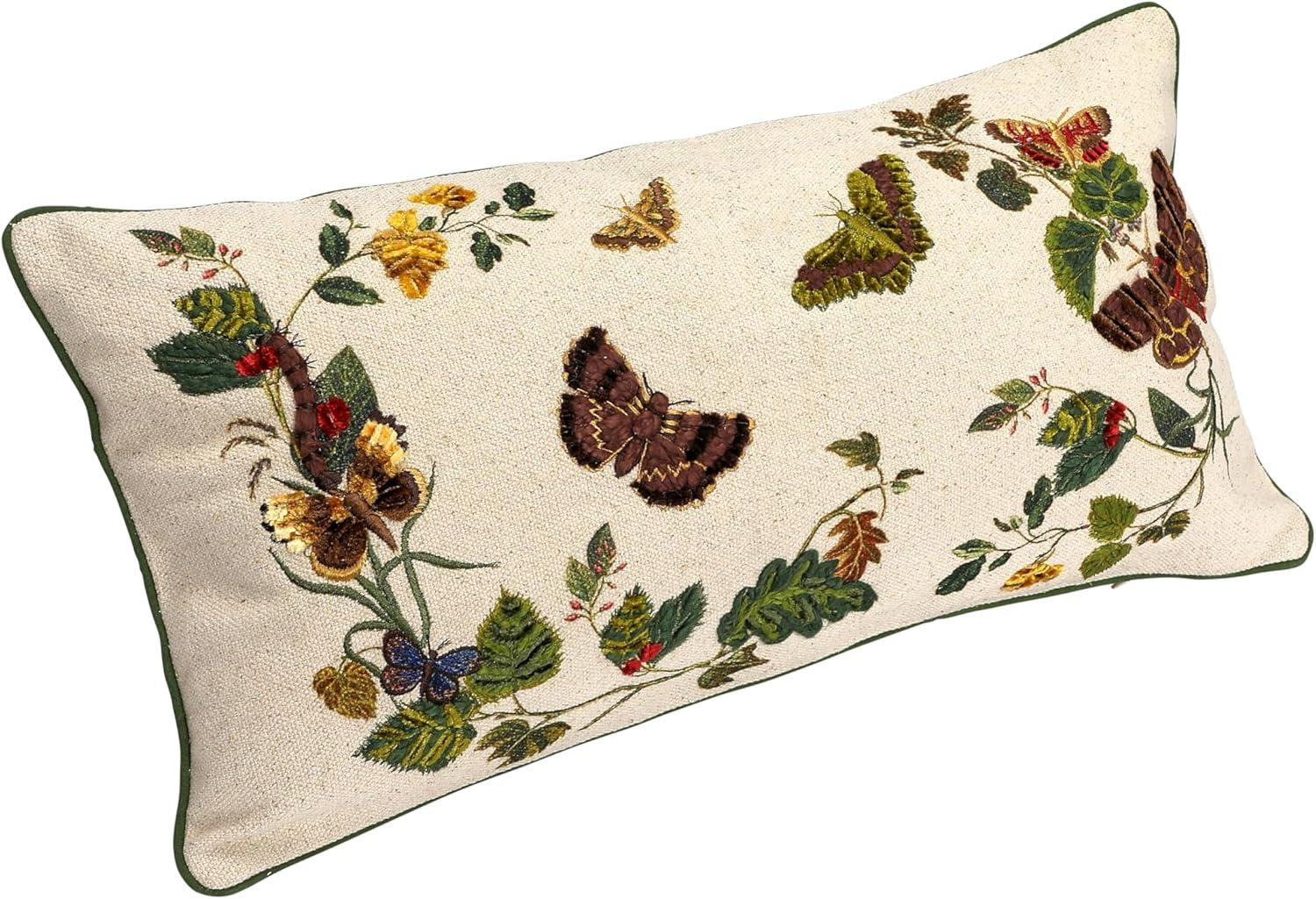 Embroidered Butterfly and Flower Lumbar Pillow with Piping