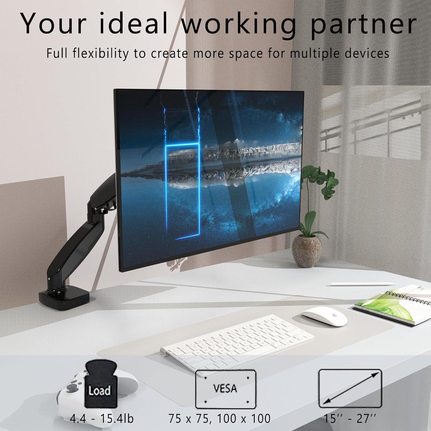 Adjustable Black Aluminum Single Arm Monitor Stand