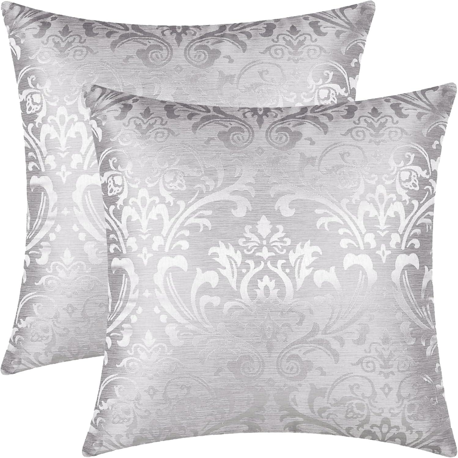 Silver Gray Polyester Damask Floral 18" Throw Pillow Covers, Set of 2