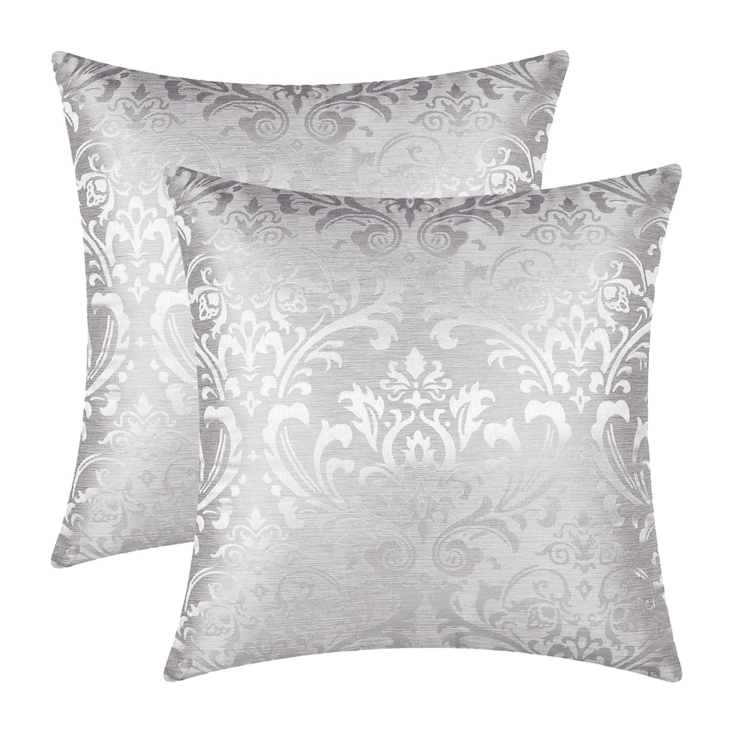 Pack of 2 Throw Pillow Covers Cases for Couch Sofa Home Decoration Vintage Damask Floral Shining & Dull Contrast 18 X 18 Inches Silver Gray