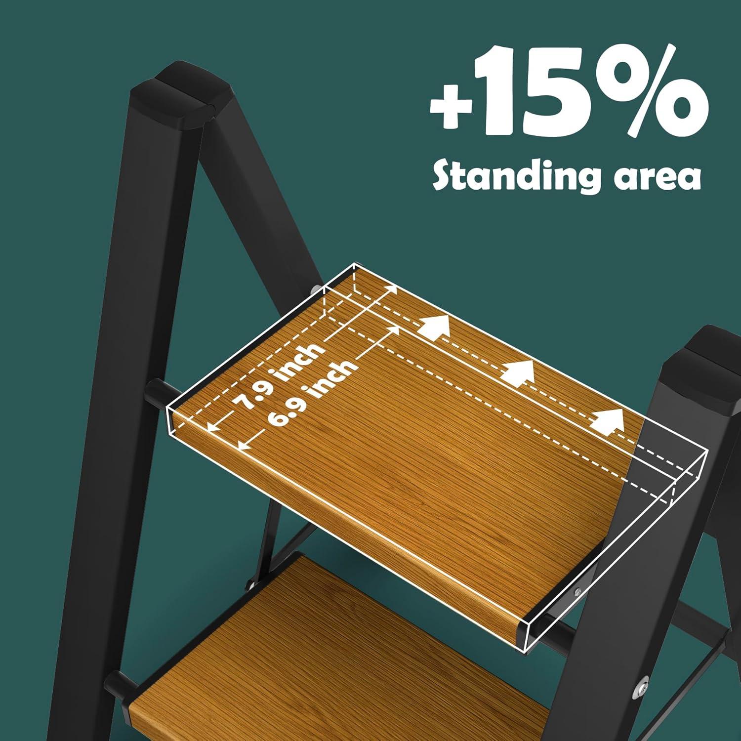 Black Aluminum Foldable 2-Step Ladder with Woodgrain Steps