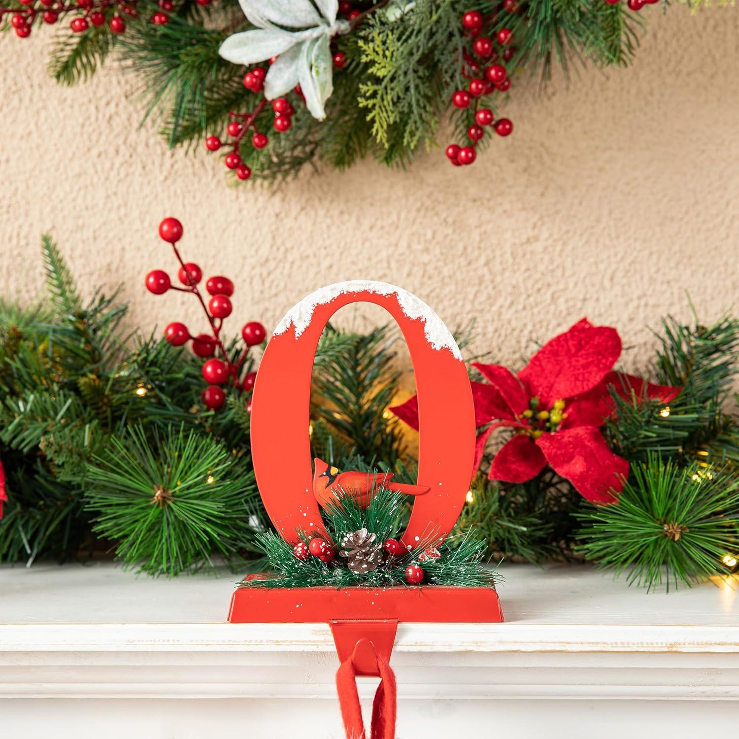 Red Metal JOY Christmas Stocking Holders with Cardinals