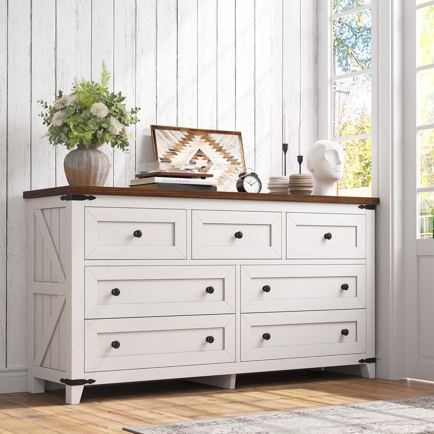 Wood Dresser For Bedroom With 7 Drawers, Farmhouse Chest Of Drawers