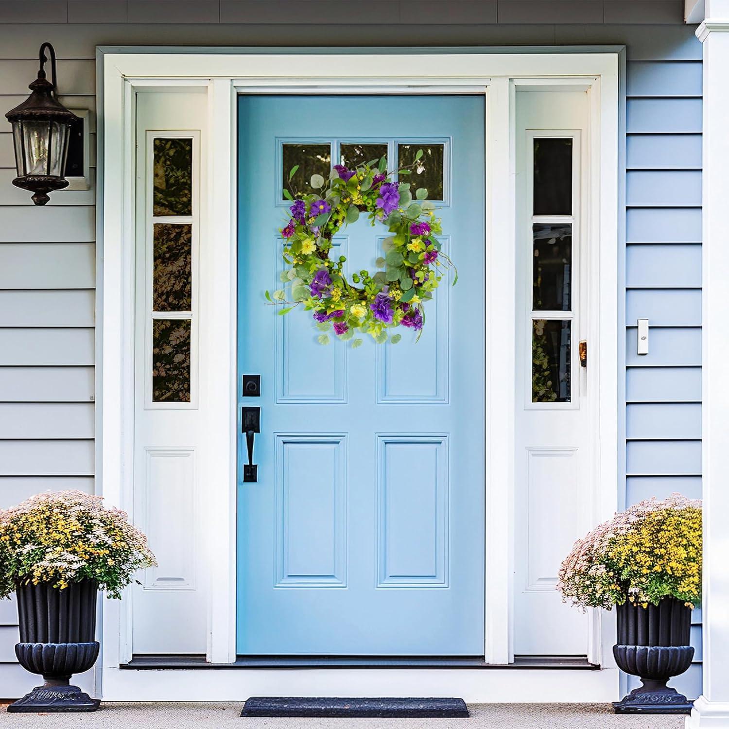 Eucalyptus and Hydrangea Floral Berry Spring Wreath Purple and Yellow 23"