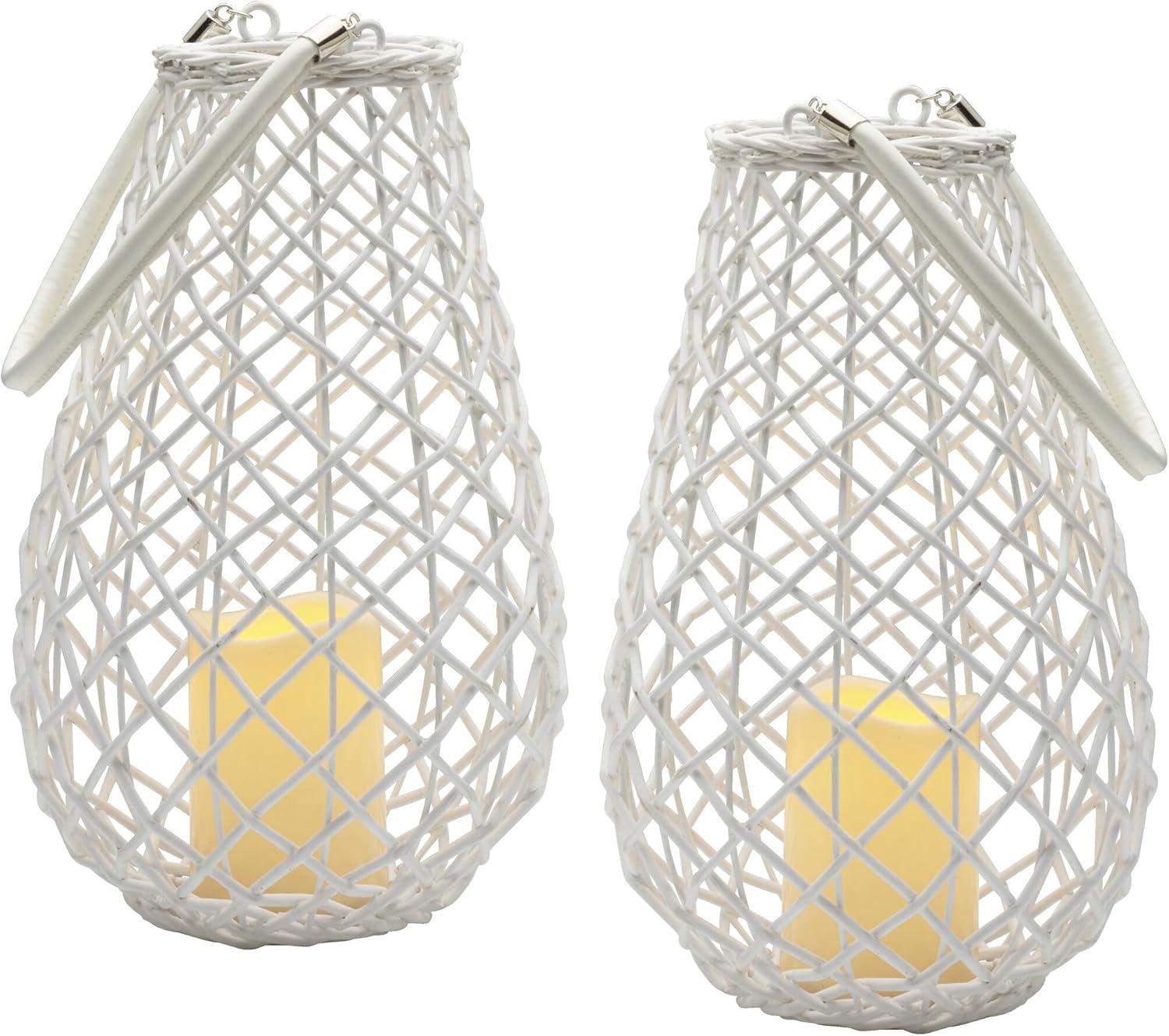 White Wicker Pear Shaped Lanterns with LED Candles, Set of 2