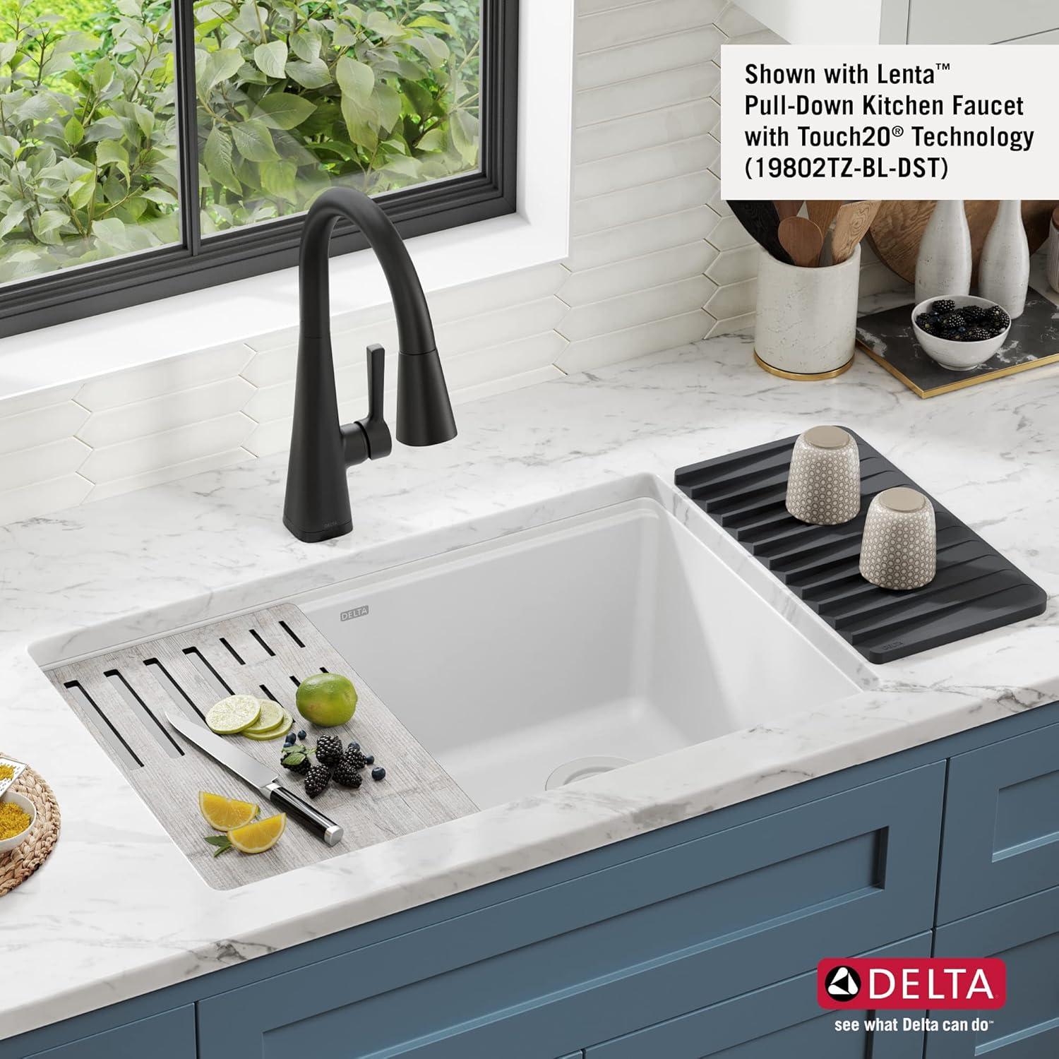 DELTA FAUCET Everest 30-inch Granite Composite Workstation Kitchen Sink Undermount Single Bowl with WorkFlow Ledge and Accessories in White, 75B933-30S-WH