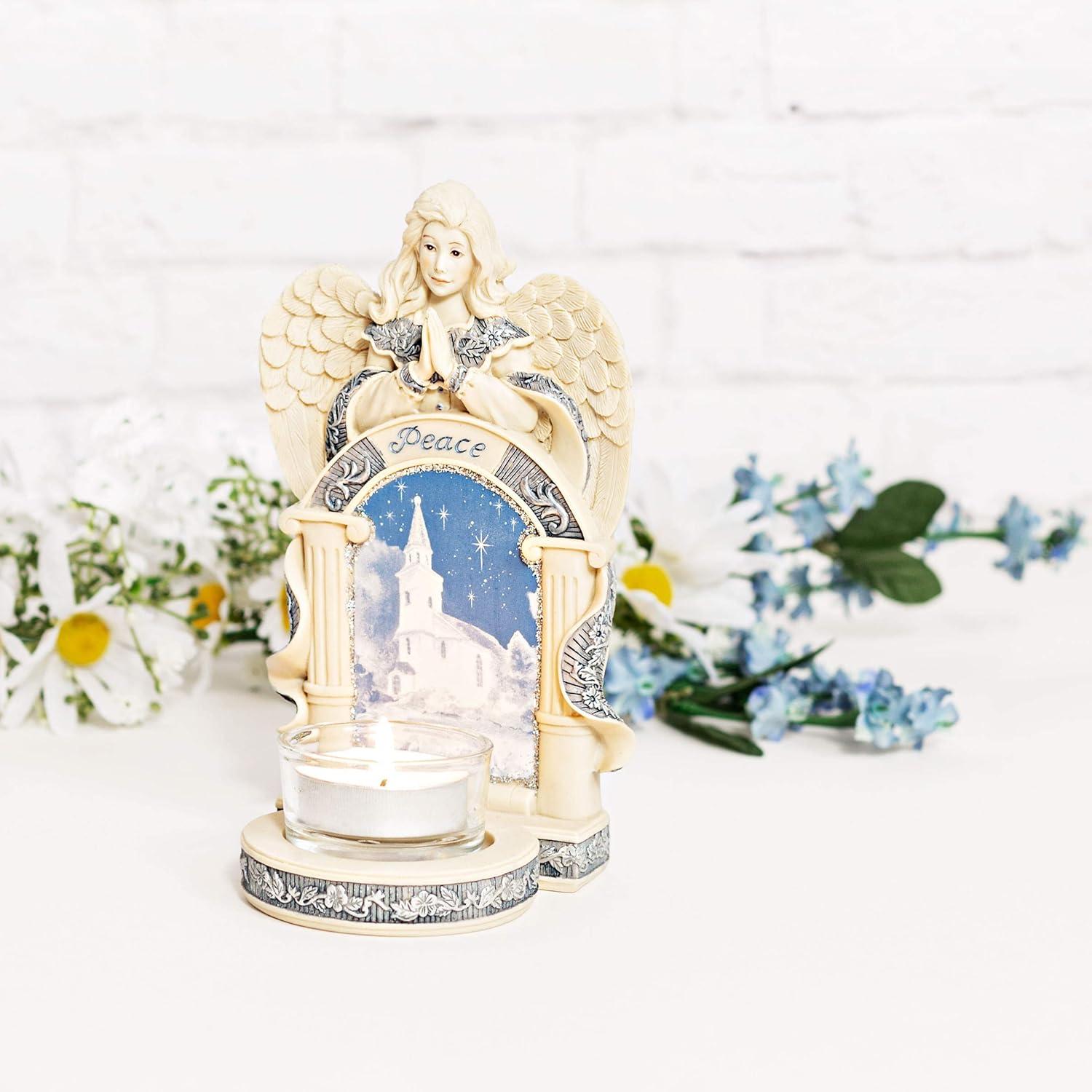 Pavilion Gift Company Angel w/Church Scene Figurine, Off-White, Blue