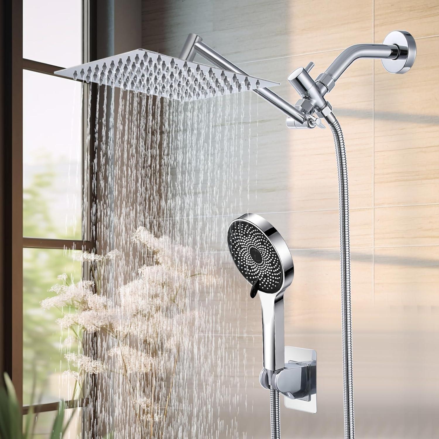 Chrome Dual Shower Head with Handheld Spray and Adjustable Arm