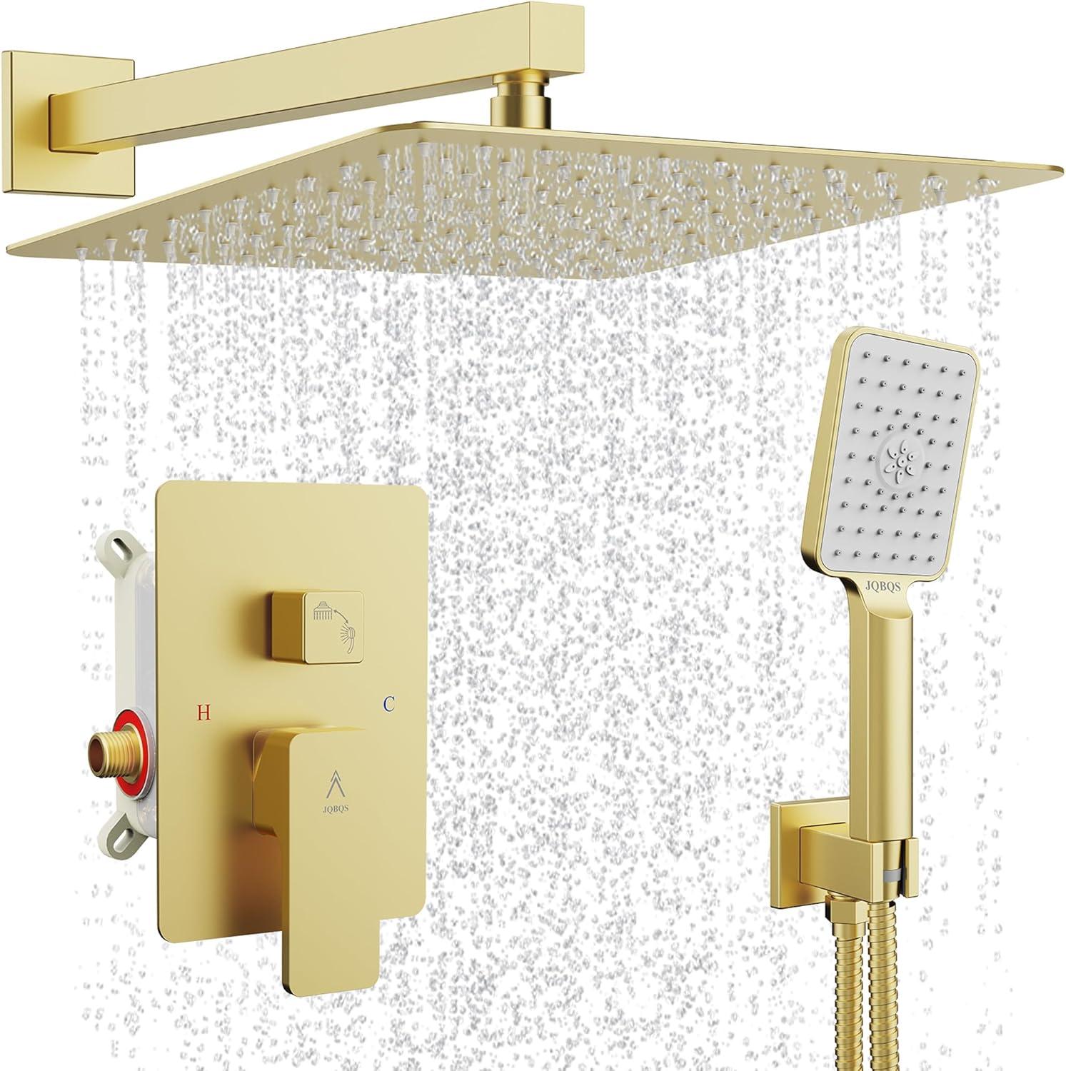 Shower system, 12" (approx. 30.5 cm) rain shower head and handheld spray bathroom shower unit with brass valve and wall trim kit Gold