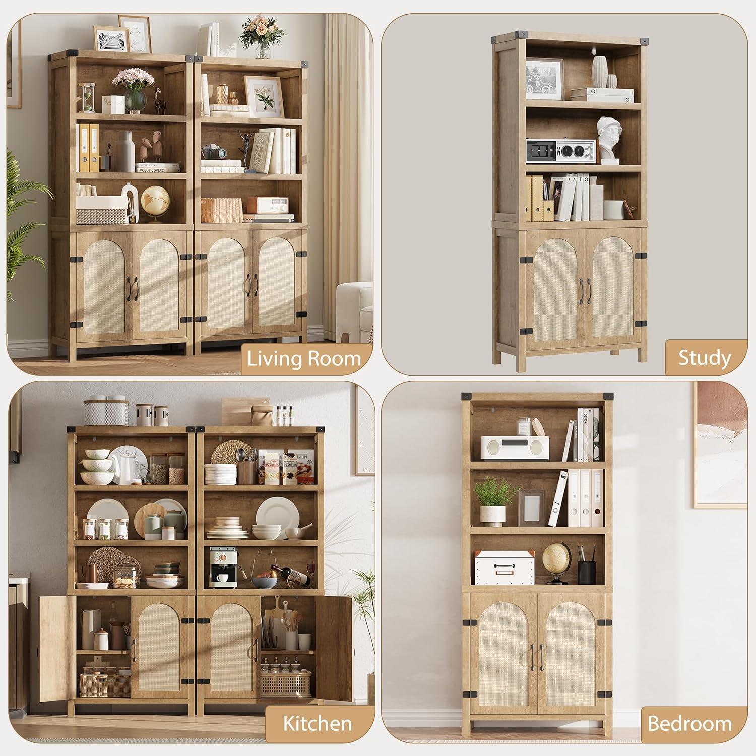 Rustic Bookshelves and Bookcases with Doors, Wooden 3 Shelf Bookshelves with Cabinets, 70" Tall Floor Standing Display Storage Shelves for Bedroom, Office, Living Room